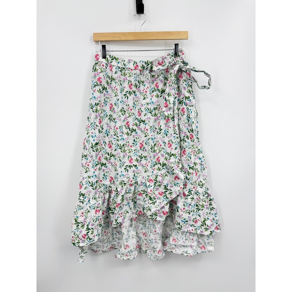J.Crew CP900 Ruffle High-Low Skirt Womens Medium White Floral Cotton‎ Wrap Tie
